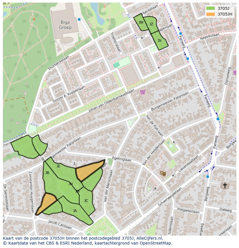 Afbeelding van het postcodegebied 3705 JH op de kaart.