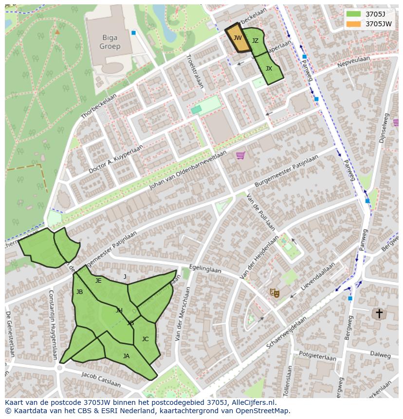 Afbeelding van het postcodegebied 3705 JW op de kaart.