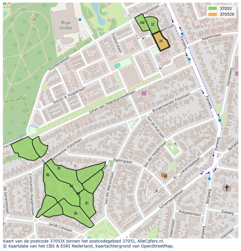 Afbeelding van het postcodegebied 3705 JX op de kaart.
