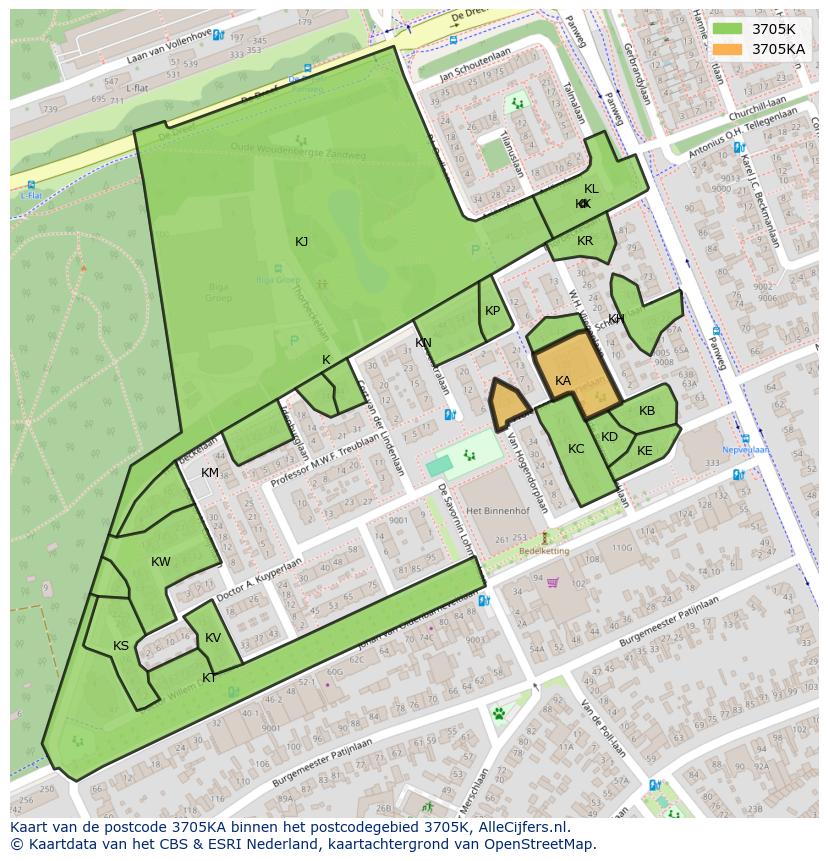 Afbeelding van het postcodegebied 3705 KA op de kaart.