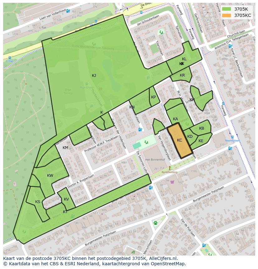 Afbeelding van het postcodegebied 3705 KC op de kaart.
