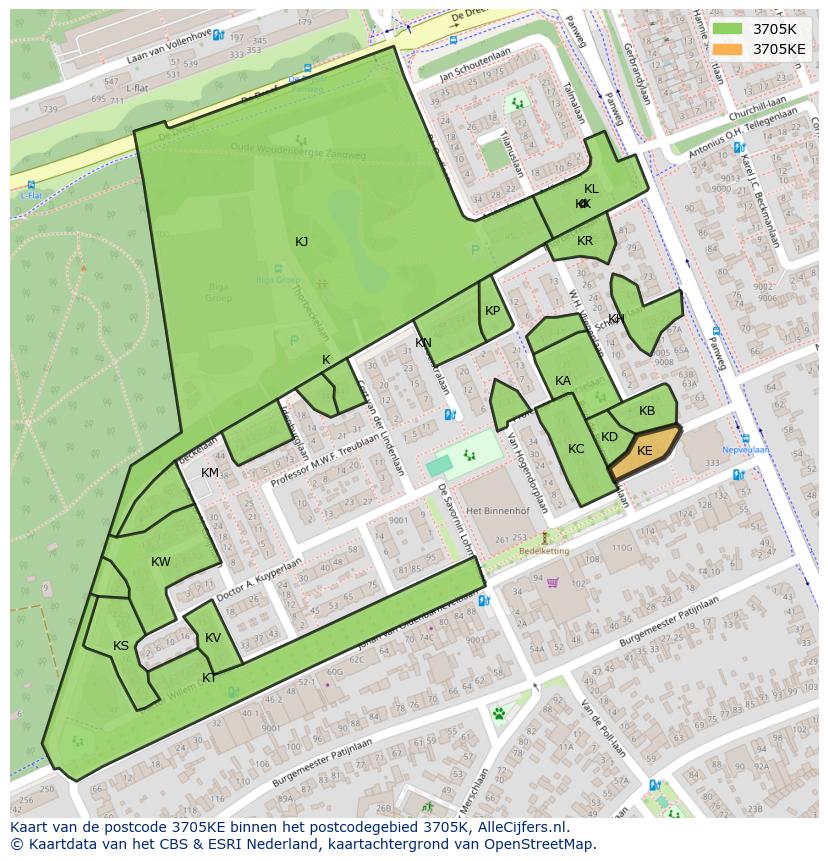 Afbeelding van het postcodegebied 3705 KE op de kaart.