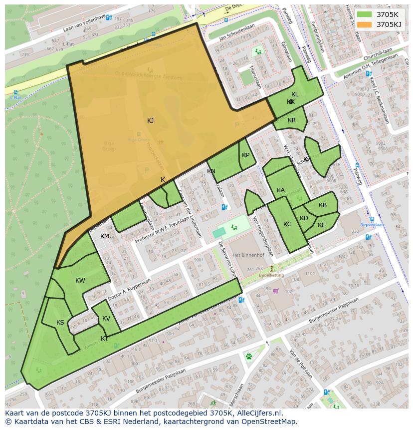 Afbeelding van het postcodegebied 3705 KJ op de kaart.