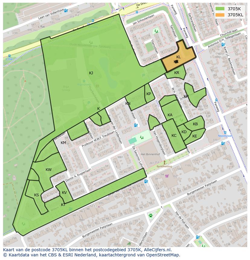 Afbeelding van het postcodegebied 3705 KL op de kaart.