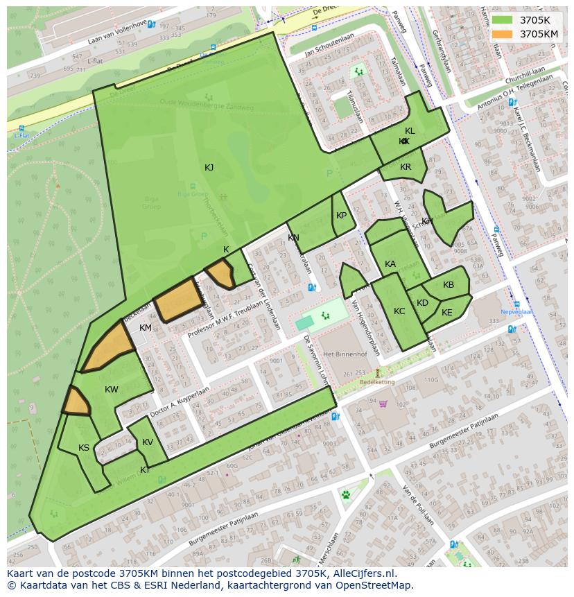 Afbeelding van het postcodegebied 3705 KM op de kaart.