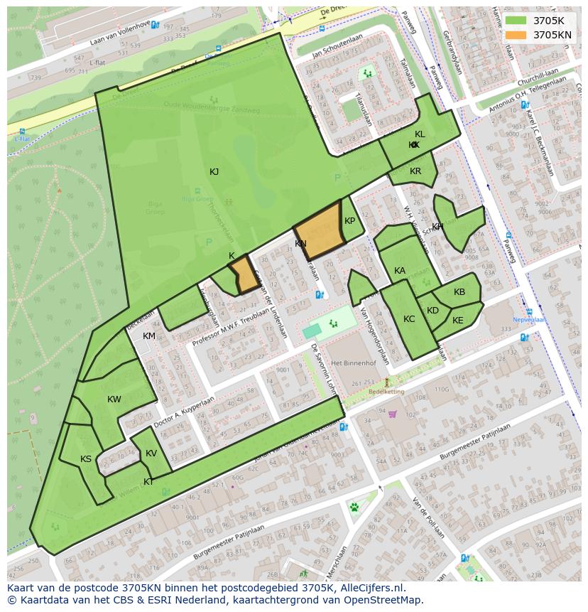 Afbeelding van het postcodegebied 3705 KN op de kaart.