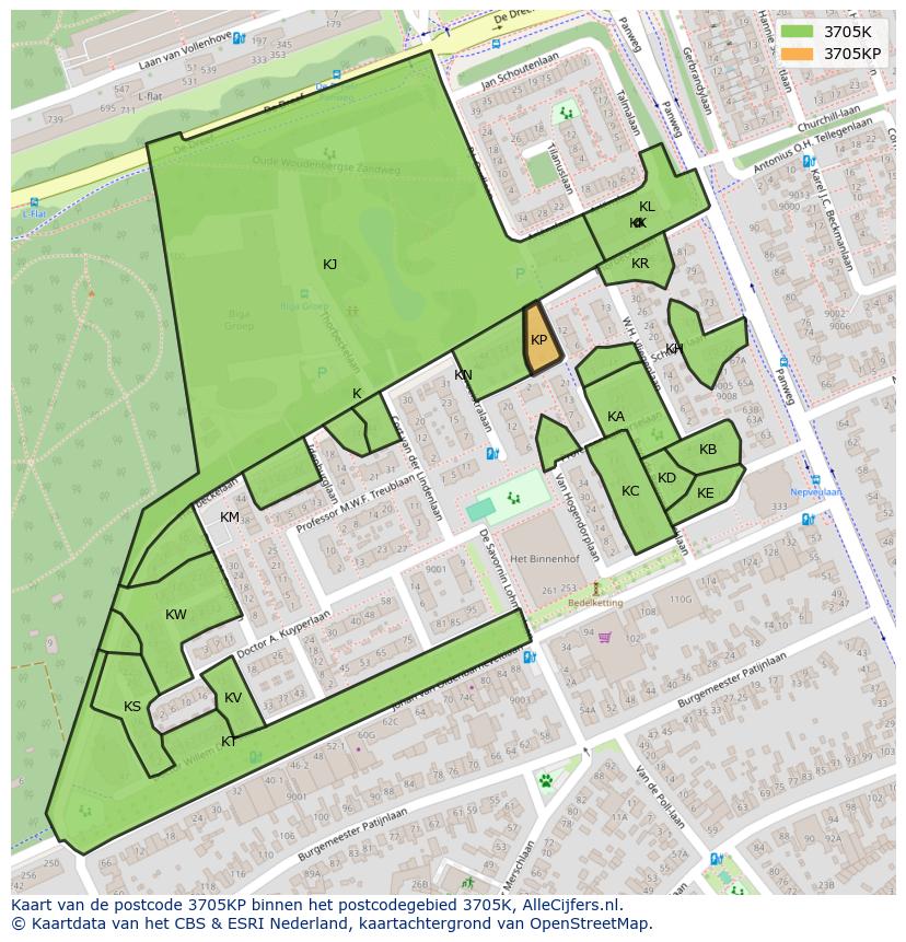 Afbeelding van het postcodegebied 3705 KP op de kaart.