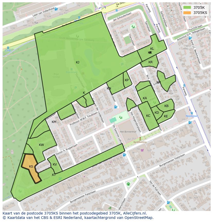 Afbeelding van het postcodegebied 3705 KS op de kaart.