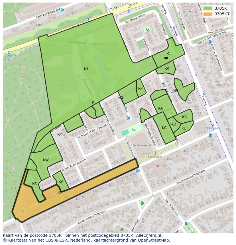 Afbeelding van het postcodegebied 3705 KT op de kaart.