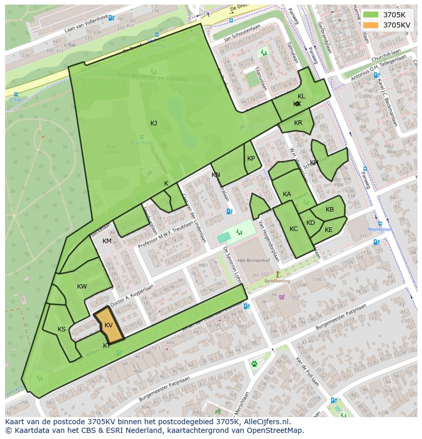 Afbeelding van het postcodegebied 3705 KV op de kaart.