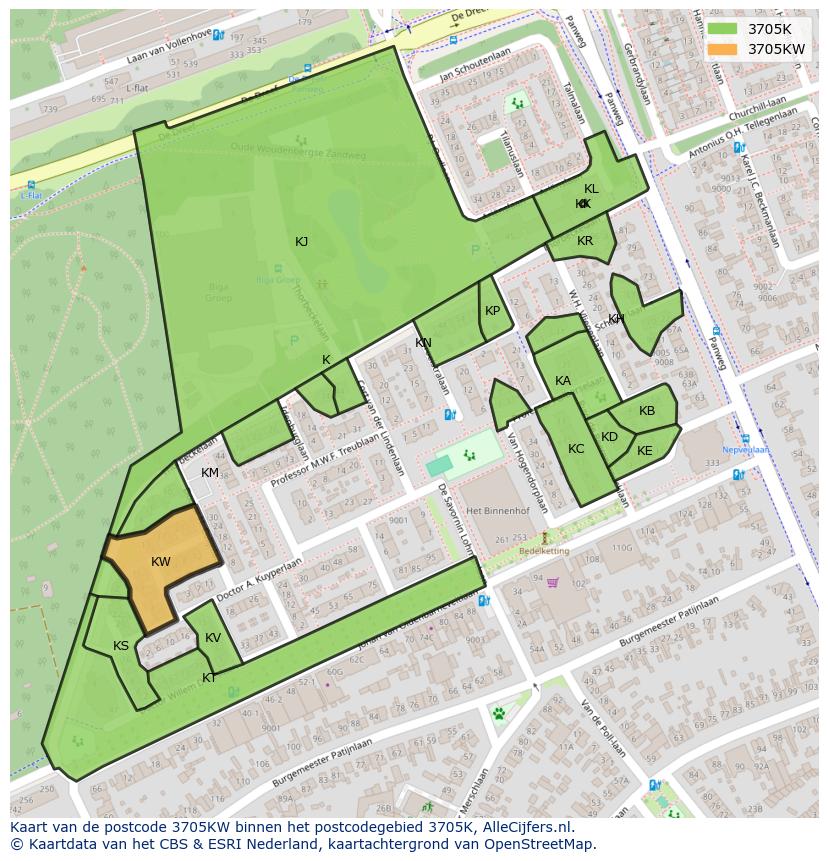 Afbeelding van het postcodegebied 3705 KW op de kaart.