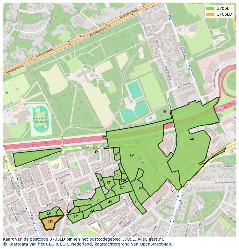 Afbeelding van het postcodegebied 3705 LD op de kaart.