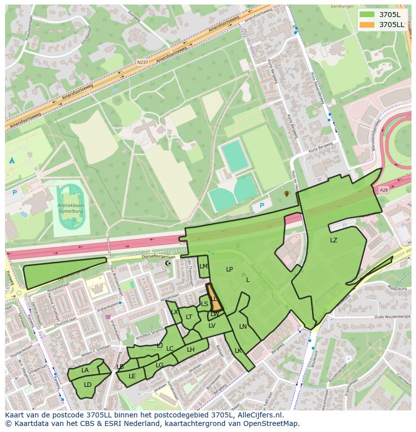 Afbeelding van het postcodegebied 3705 LL op de kaart.