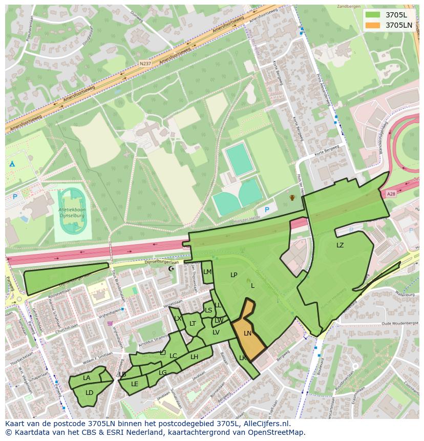 Afbeelding van het postcodegebied 3705 LN op de kaart.