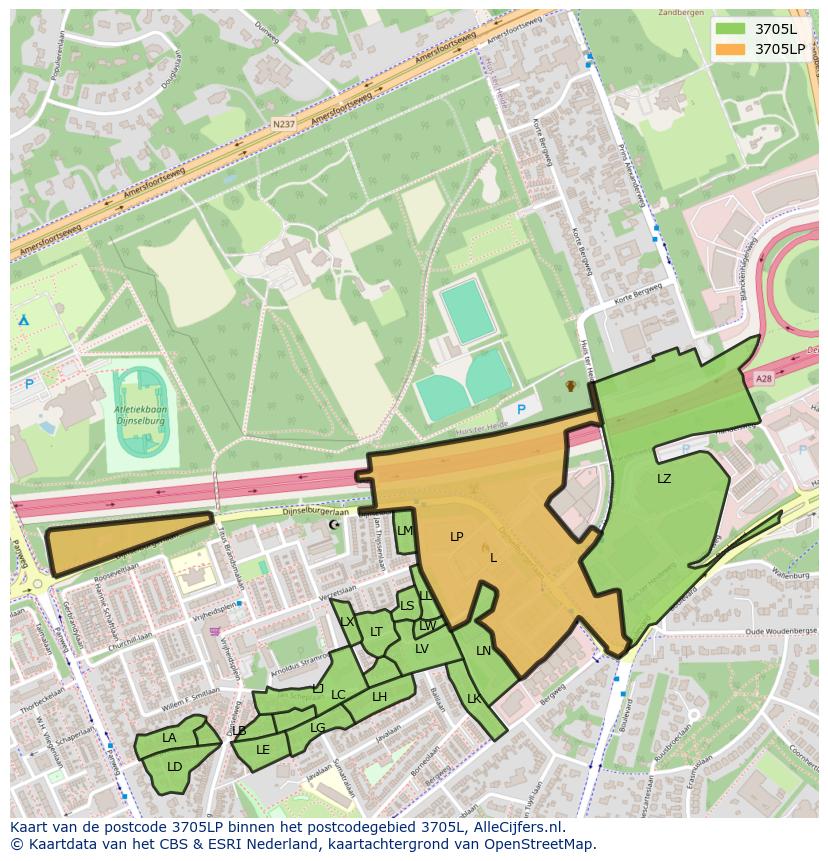 Afbeelding van het postcodegebied 3705 LP op de kaart.