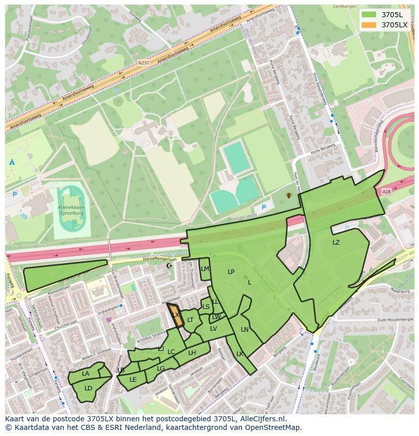 Afbeelding van het postcodegebied 3705 LX op de kaart.