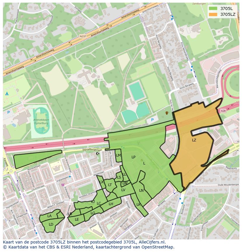 Afbeelding van het postcodegebied 3705 LZ op de kaart.