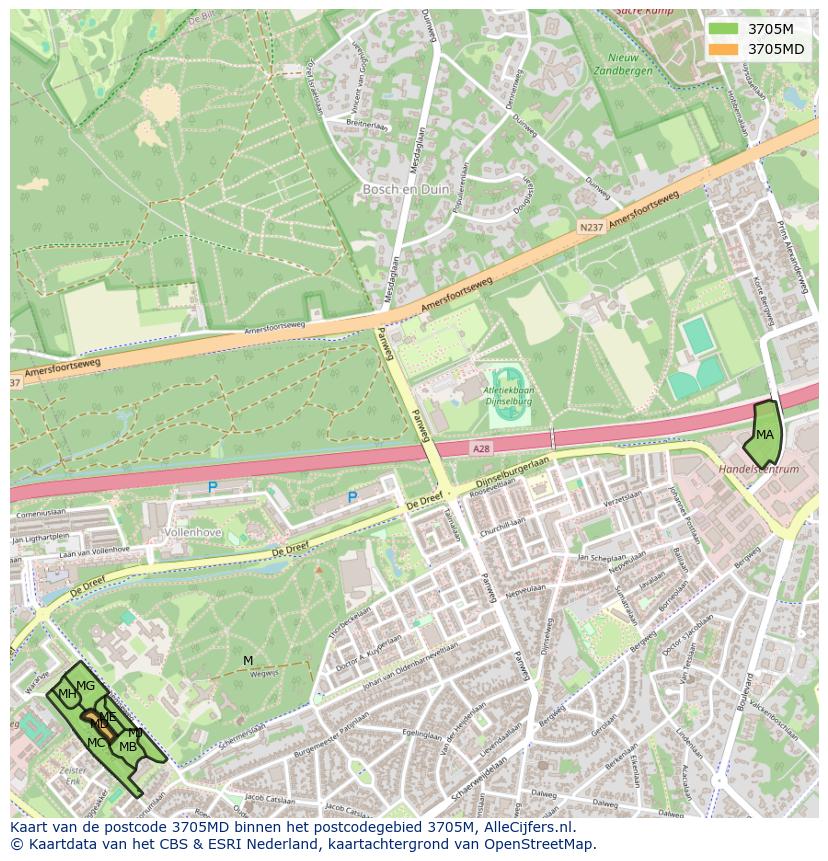 Afbeelding van het postcodegebied 3705 MD op de kaart.
