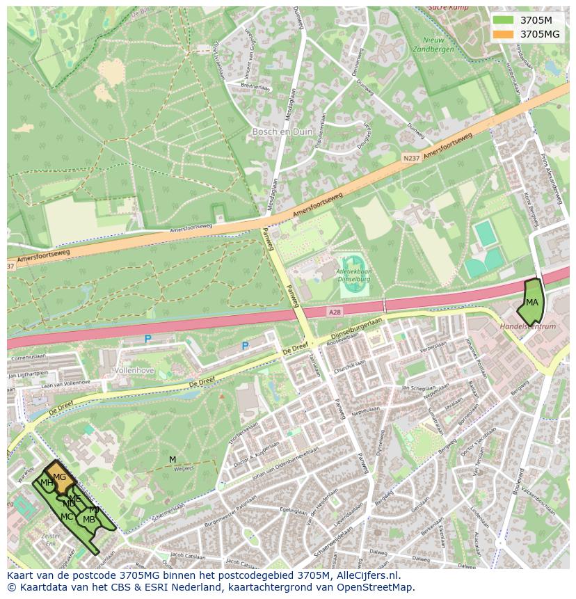 Afbeelding van het postcodegebied 3705 MG op de kaart.