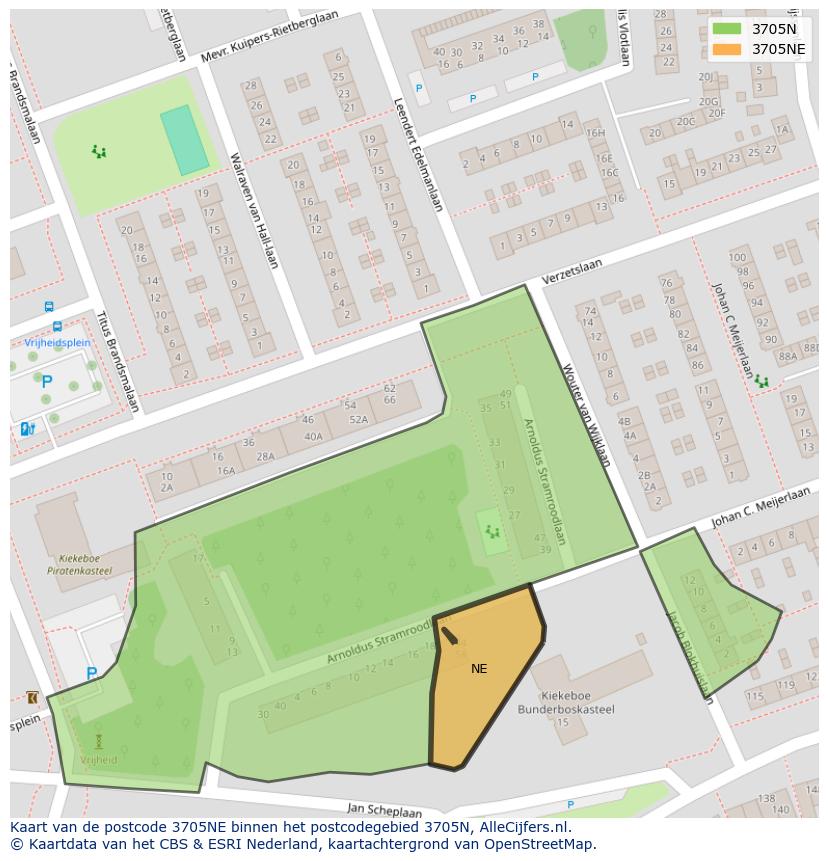 Afbeelding van het postcodegebied 3705 NE op de kaart.