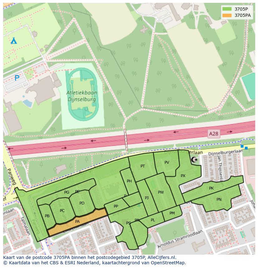 Afbeelding van het postcodegebied 3705 PA op de kaart.