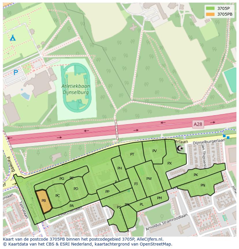 Afbeelding van het postcodegebied 3705 PB op de kaart.