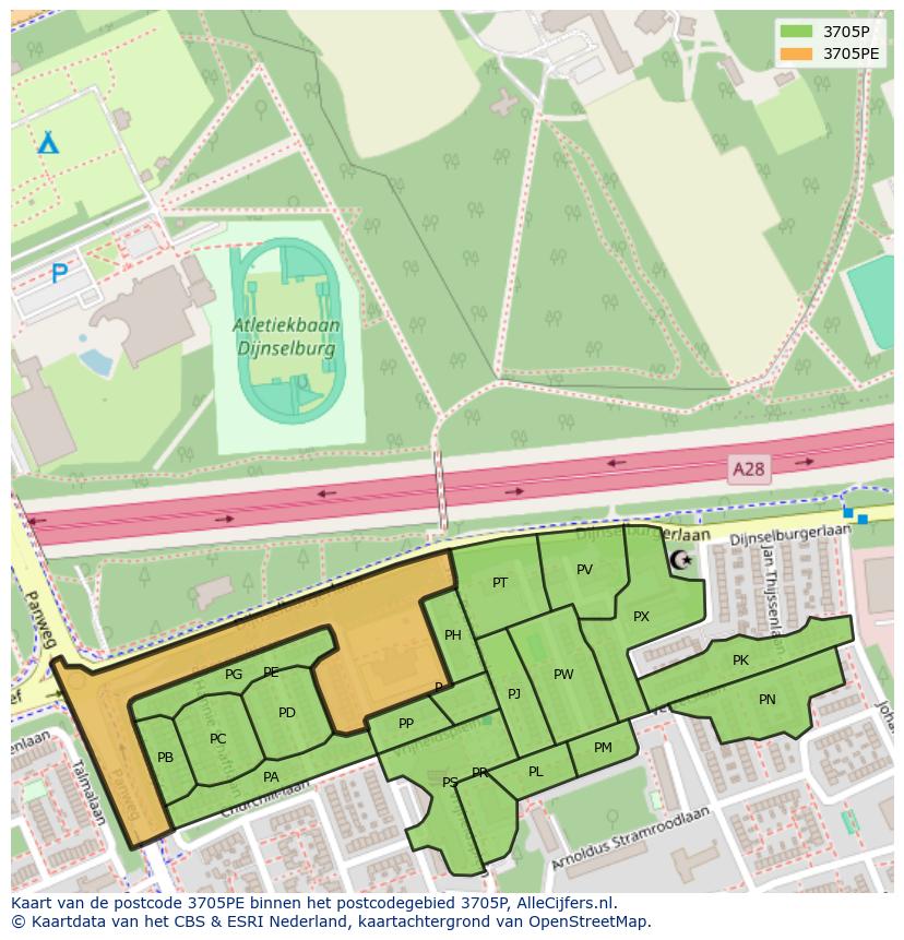 Afbeelding van het postcodegebied 3705 PE op de kaart.