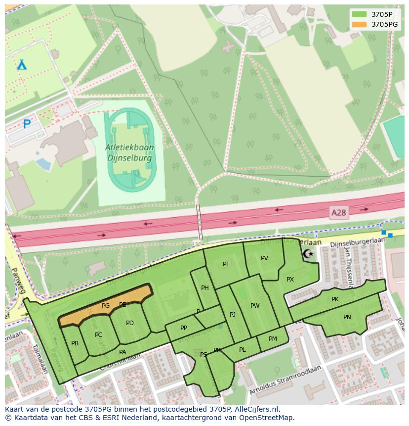 Afbeelding van het postcodegebied 3705 PG op de kaart.