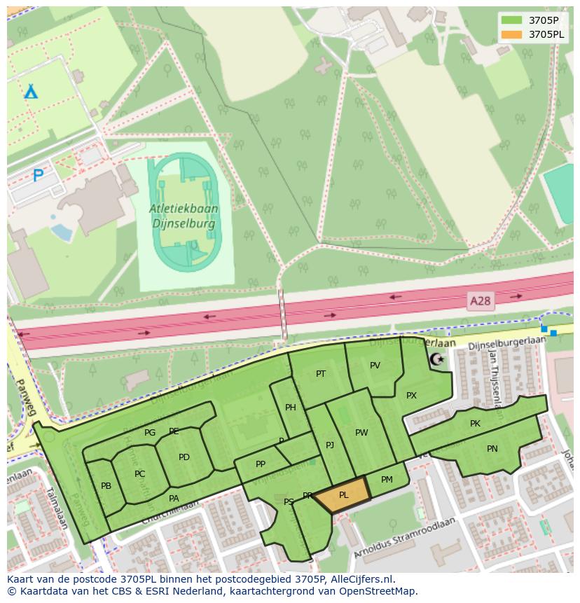 Afbeelding van het postcodegebied 3705 PL op de kaart.