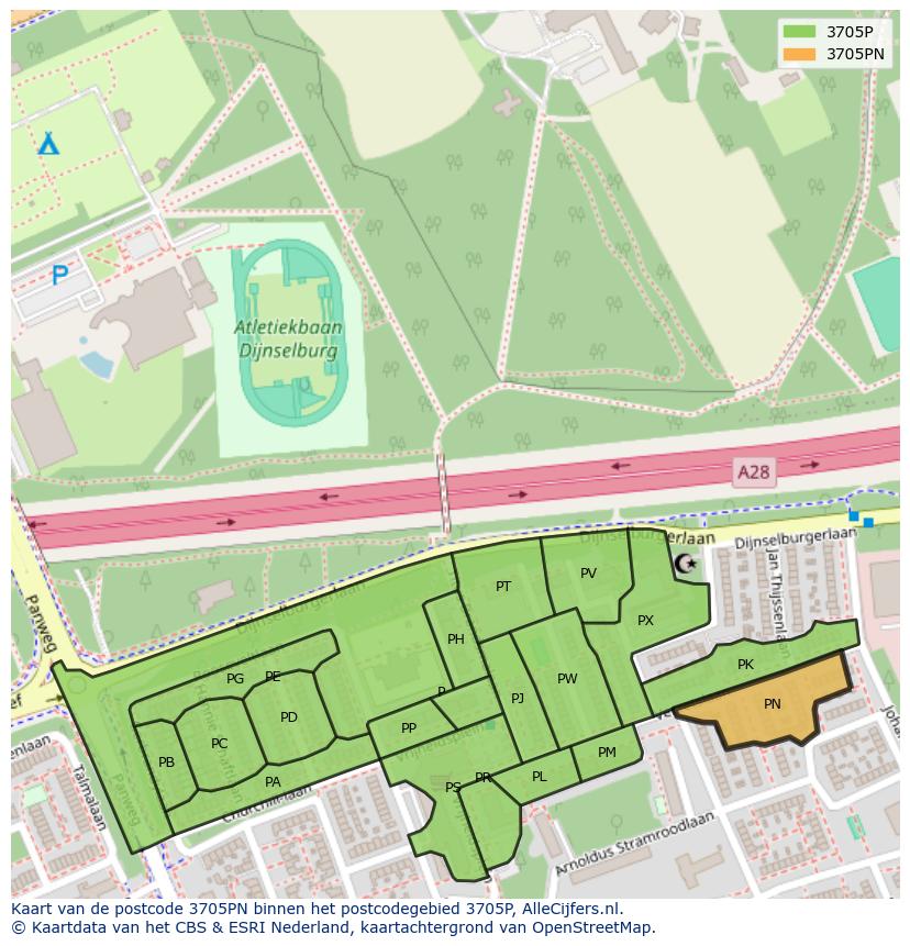 Afbeelding van het postcodegebied 3705 PN op de kaart.