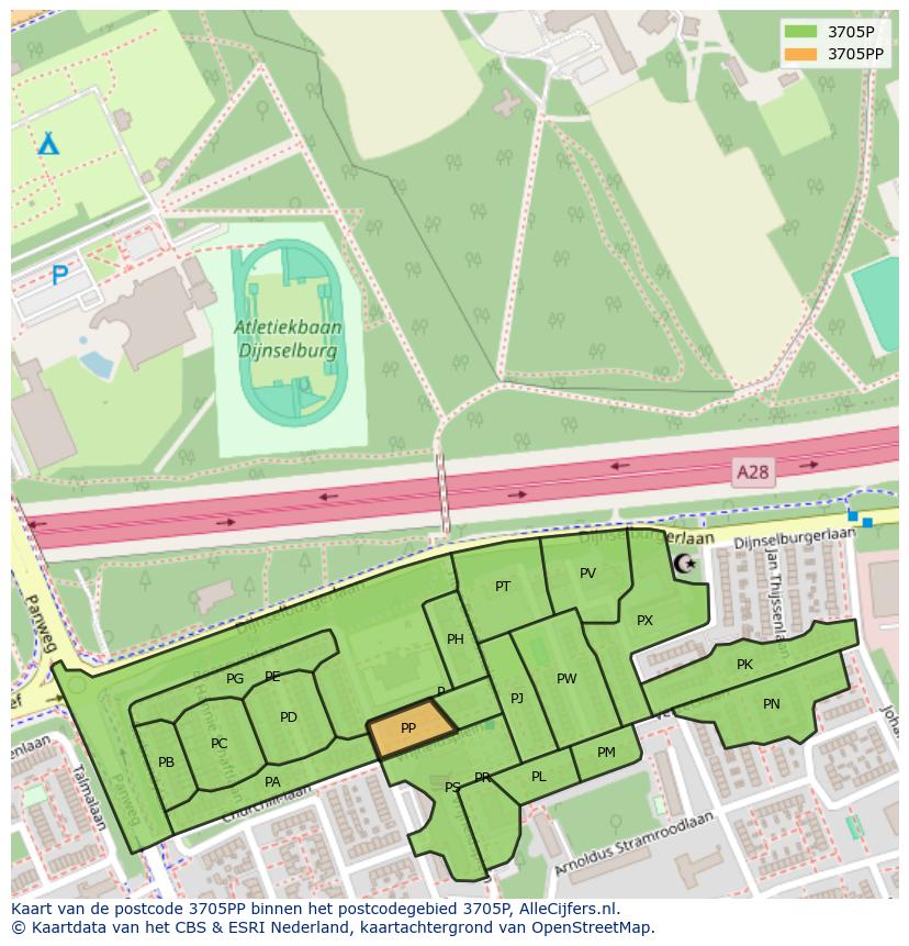 Afbeelding van het postcodegebied 3705 PP op de kaart.