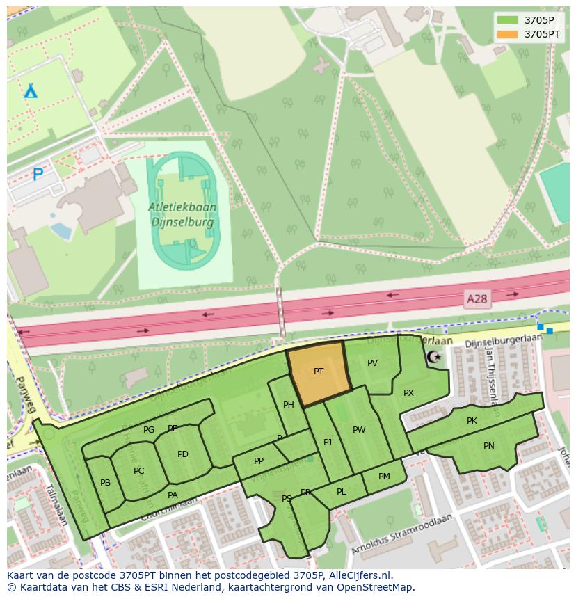 Afbeelding van het postcodegebied 3705 PT op de kaart.