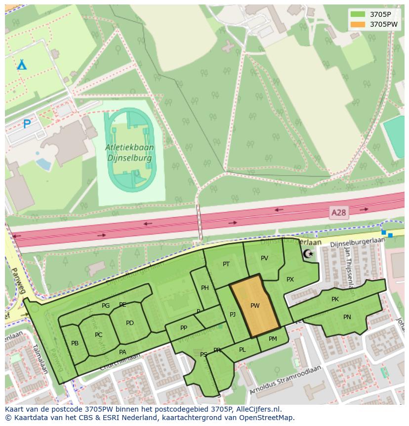Afbeelding van het postcodegebied 3705 PW op de kaart.