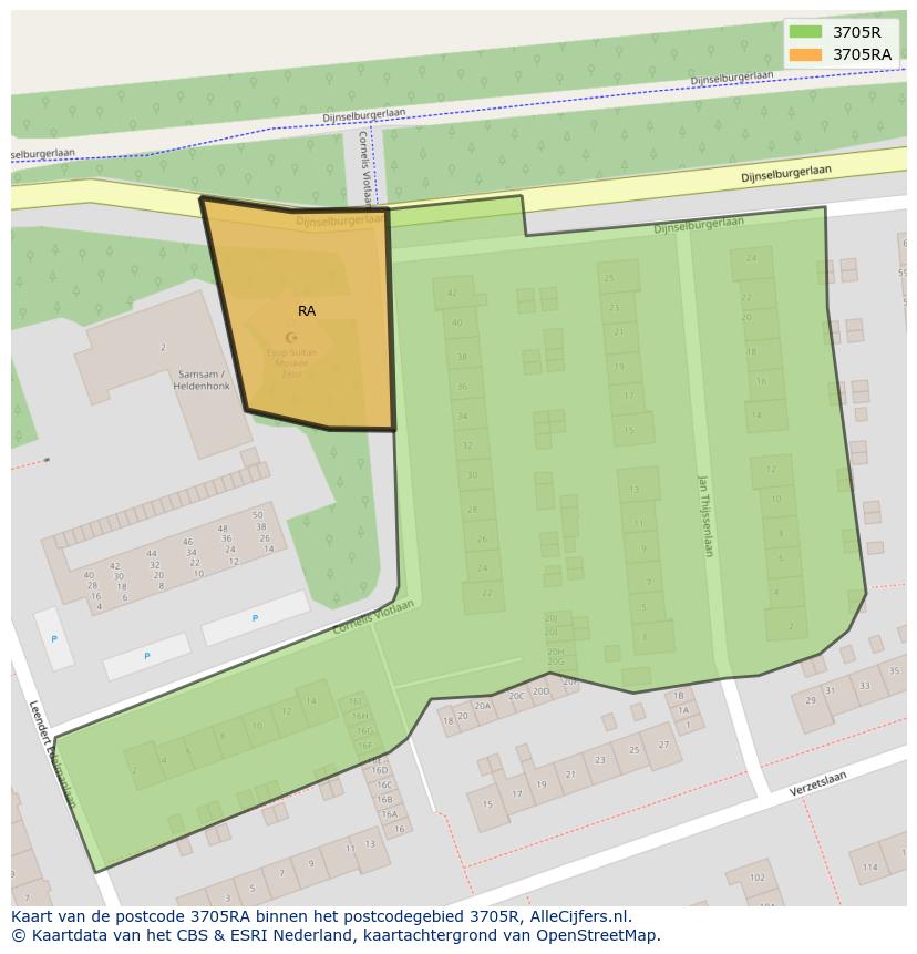 Afbeelding van het postcodegebied 3705 RA op de kaart.