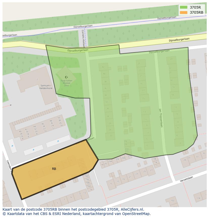 Afbeelding van het postcodegebied 3705 RB op de kaart.