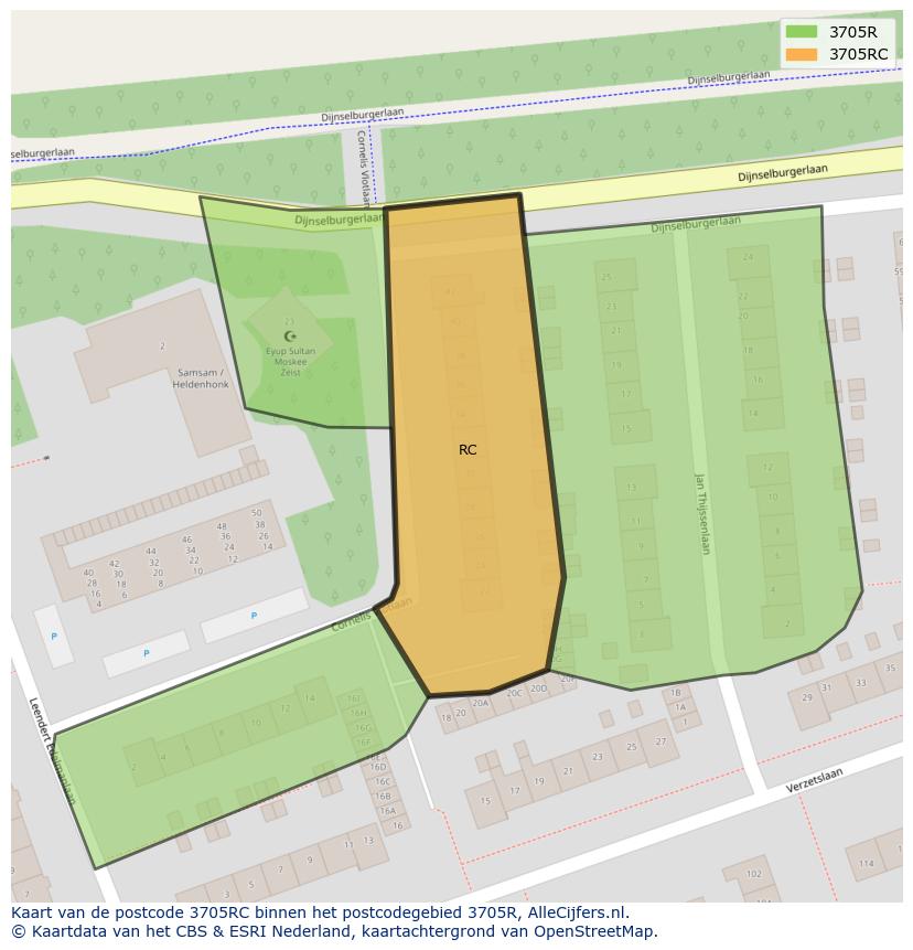 Afbeelding van het postcodegebied 3705 RC op de kaart.