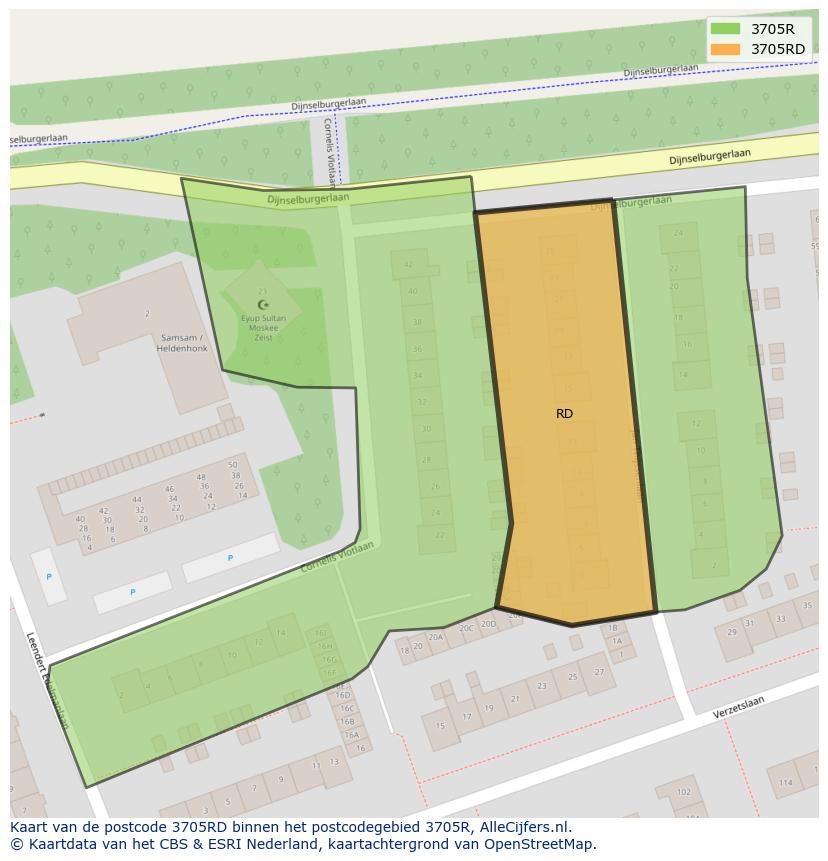 Afbeelding van het postcodegebied 3705 RD op de kaart.