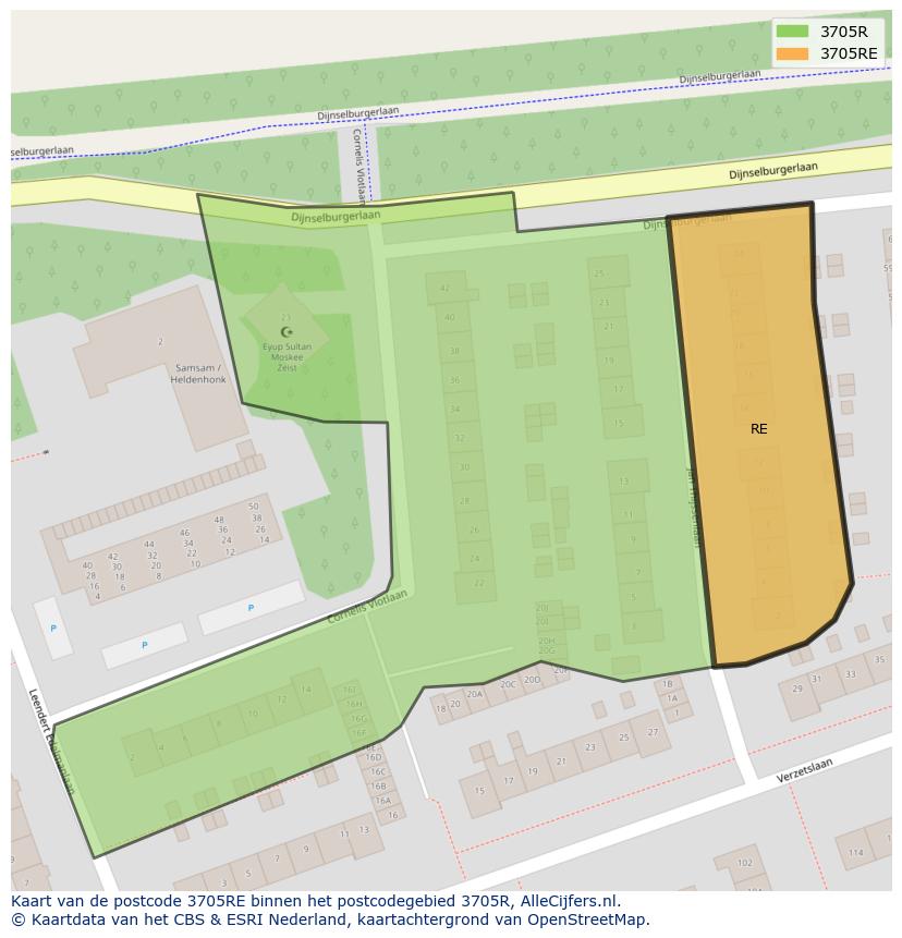 Afbeelding van het postcodegebied 3705 RE op de kaart.
