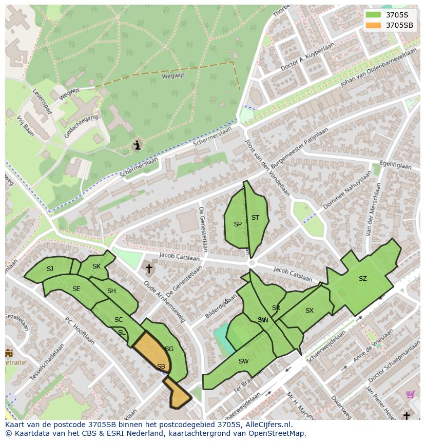 Afbeelding van het postcodegebied 3705 SB op de kaart.