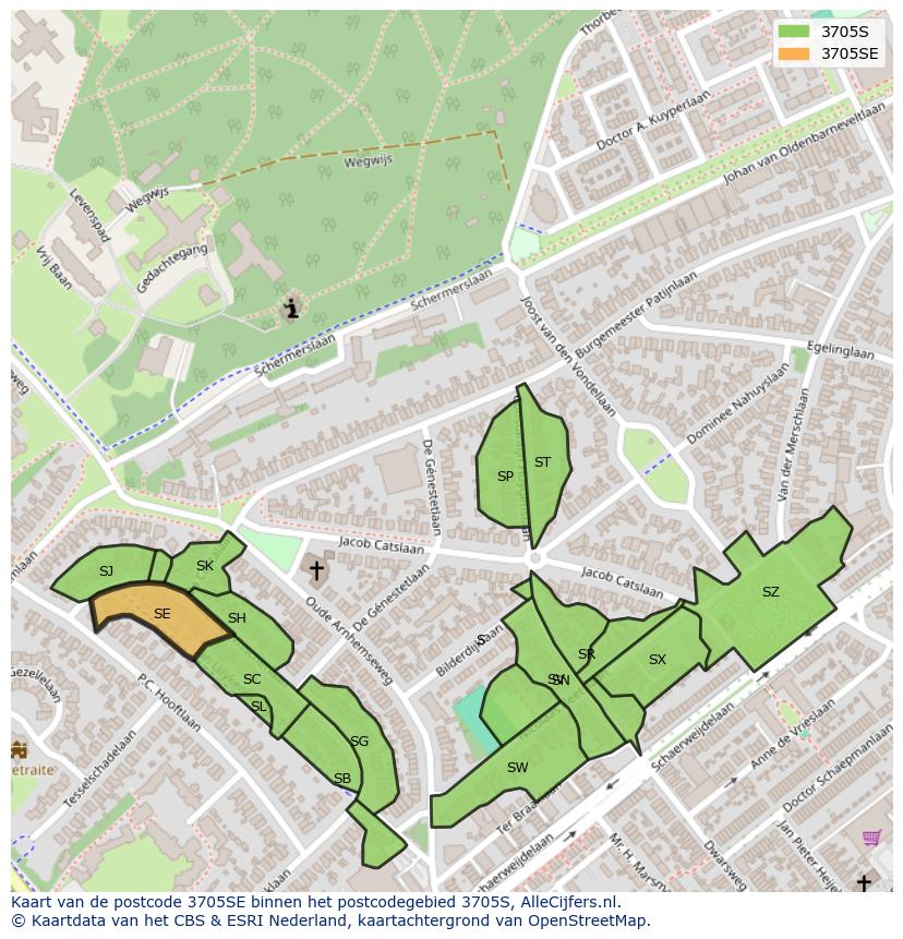 Afbeelding van het postcodegebied 3705 SE op de kaart.