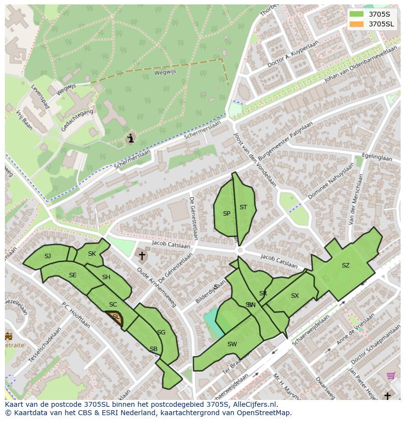 Afbeelding van het postcodegebied 3705 SL op de kaart.