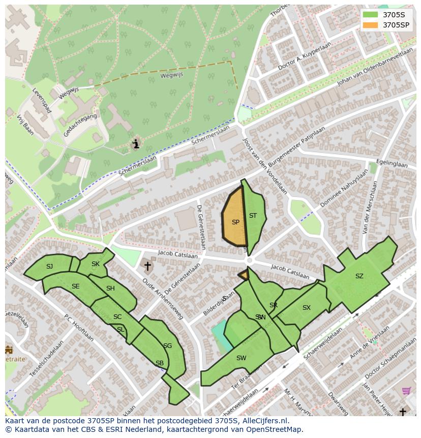 Afbeelding van het postcodegebied 3705 SP op de kaart.