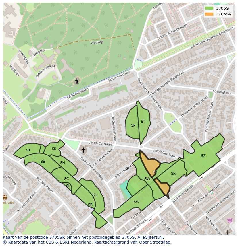 Afbeelding van het postcodegebied 3705 SR op de kaart.
