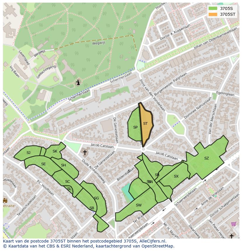 Afbeelding van het postcodegebied 3705 ST op de kaart.