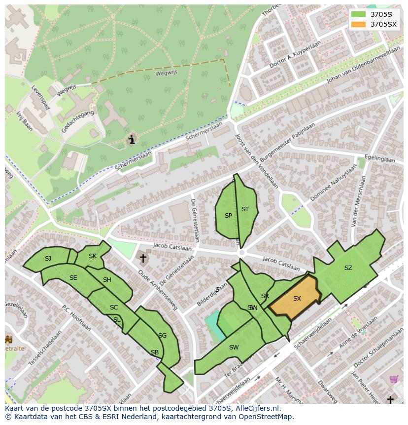 Afbeelding van het postcodegebied 3705 SX op de kaart.