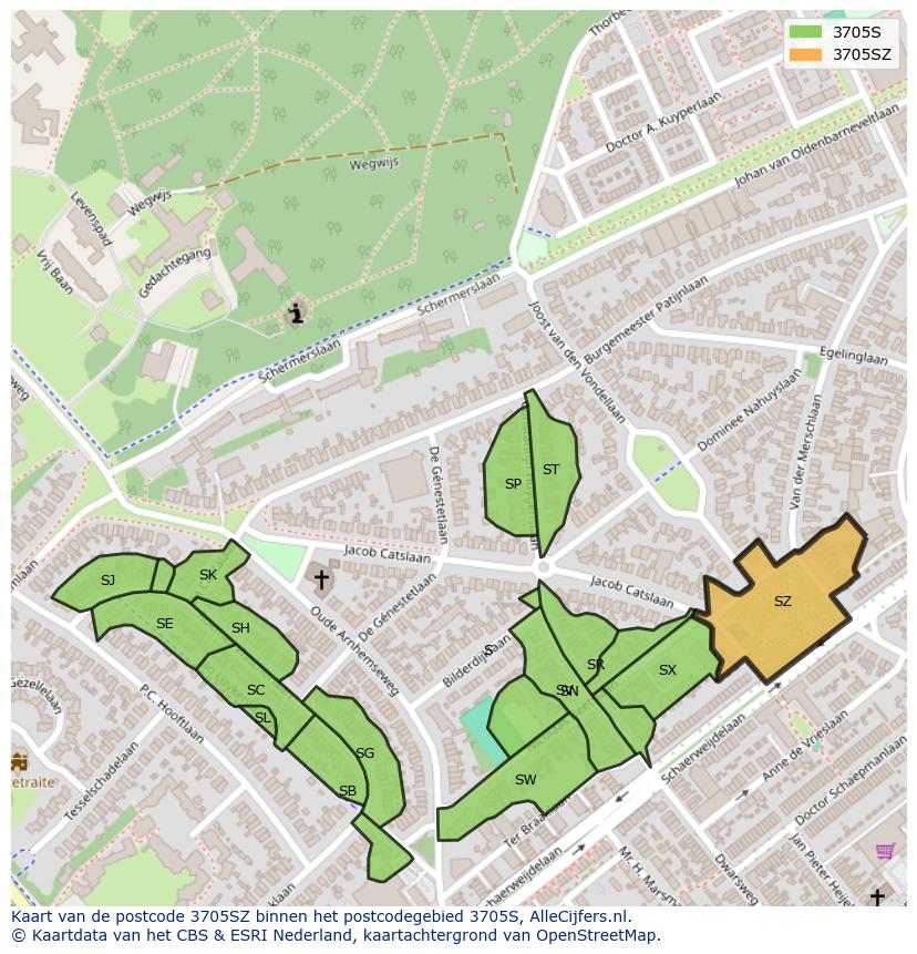 Afbeelding van het postcodegebied 3705 SZ op de kaart.