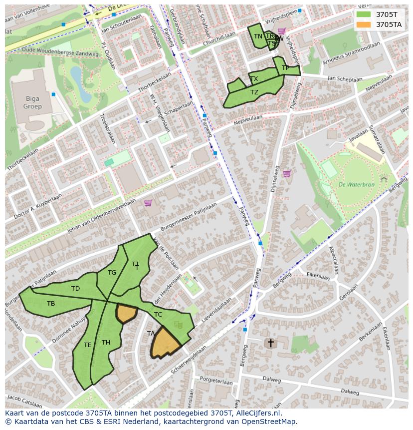 Afbeelding van het postcodegebied 3705 TA op de kaart.