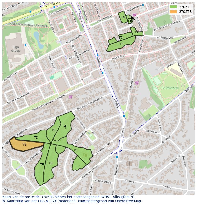 Afbeelding van het postcodegebied 3705 TB op de kaart.