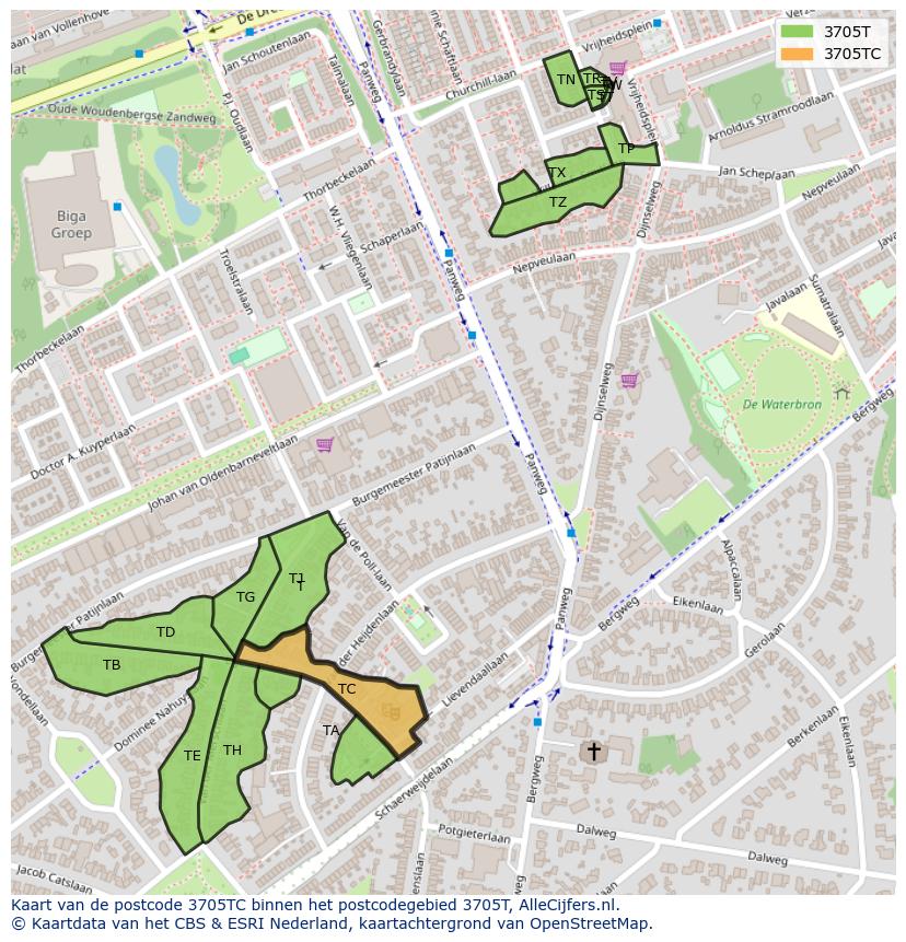 Afbeelding van het postcodegebied 3705 TC op de kaart.