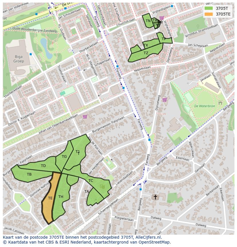Afbeelding van het postcodegebied 3705 TE op de kaart.